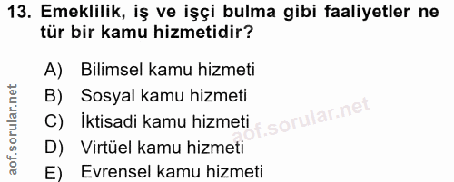 13. soru: Emeklilik, iş ve işçi bulma gibi faaliyetler ne tür bir kamu hizmetidir? A) Bilimsel kamu hizmeti B) Sosyal kamu hizm…