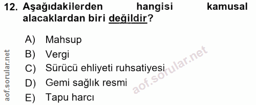 12. soru: Aşağıdakilerden hangisi kamusal alacaklardan biri değildir? A) Mahsup B) Vergi C) Sürücü ehliyeti ruhsatiyesi ular.ne…