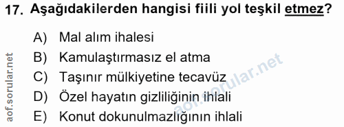 17. soru: Aşağıdakilerden hangisi fiili yol teşkil etmez? A) Mal alım ihalesi B) Kamulaştırmasız el atma ular.net | C) Taşınır…