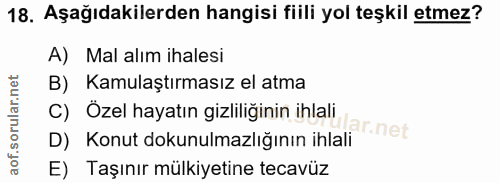 18. soru: Aşağıdakilerden hangisi fiili yol teşkil etmez? A) Mal alım ihalesi B) Kamulaştırmasız el atma C) Özel hayatın gizlil…
