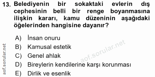 13. soru: Belediyenin bir sokaktaki evlerin dış cephesinin belli bir renge boyanmasına ilişkin kararı, kamu düzeninin aşağıdaki…
