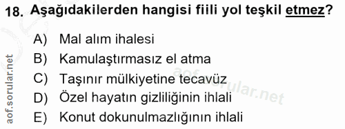 18. soru: Aşağıdakilerden hangisi fiili yol teşkil etmez? A) Mal alım ihalesi B) Kamulaştırmasız el atma C) Taşınır mülkiyetine…