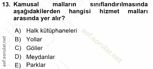13. soru: Kamusal malların sınıflandırılmasında aşağıdakilerden hangisi hizmet malları arasında yer alır? A) Halk kütüphaneleri…