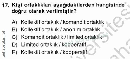 17. soru: Kişi ortaklıkları aşağıdakilerden hangisinde doğru olarak verilmiştir? A) Kollektif ortaklık / komandit ortaklık B) K…
