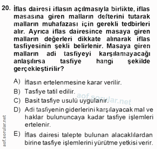 20. soru: Iflas dairesi iflasın açılmasıyla birlikte, iflas masasına giren malların defterini tutarak malların muhafazası için…