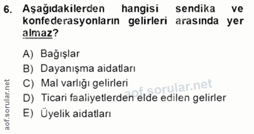 6. soru: Aşağıdakilerden hangisi sendika ve konfederasyonların gelirleri arasında yer almaz? A) Bağışlar B) Dayanışma aidatlar…