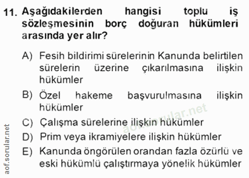 11. soru: Aşağıdakilerden hangisi toplu iş sözleşmesinin borç doğuran hükümleri arasında yer alır? A) Fesih bildirimi sürelerin…