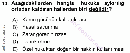 13. soru: Aşağıdakilerden hangisi hukuka aykırılığı ortadan kaldıran hallerden biri değildir? A) Kamu gücünün kullanılması B) Y…