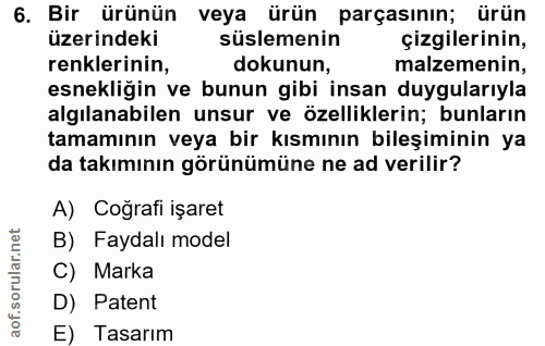 6. soru: Bir ürünün veya ürün parçasının; ürün üzerindeki süslemenin çizgilerinin, renklerinin, dokunun, malzemenin, esnekliği…