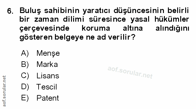 6. soru: Buluş sahibinin yaratıcı düşüncesinin belirli bir zaman dilimi süresince yasal hükümler çerçevesinde koruma altına al…