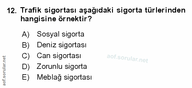 12. soru: Trafik sigortası aşağıdaki sigorta türlerinden hangisine örnektir? A) Sosyal sıgorta B) Deniz sigortası C) Can sigort…