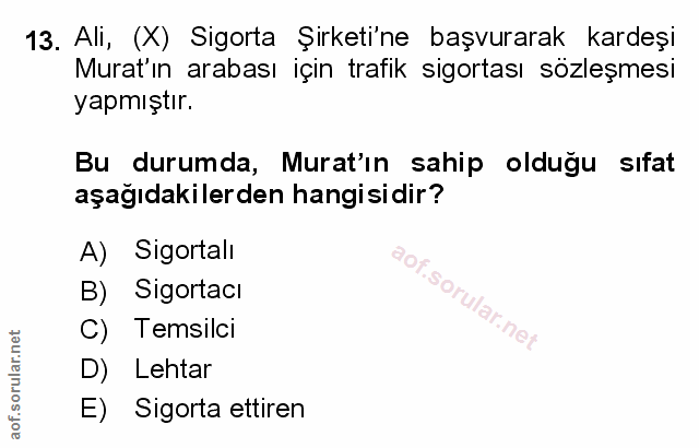 13. soru: Ali, (X) Sigorta Şirketi'ne başvurarak kardeşi Murat'ın arabası için trafik sigortası sözleşmesi yapmıştır. Bu durumd…