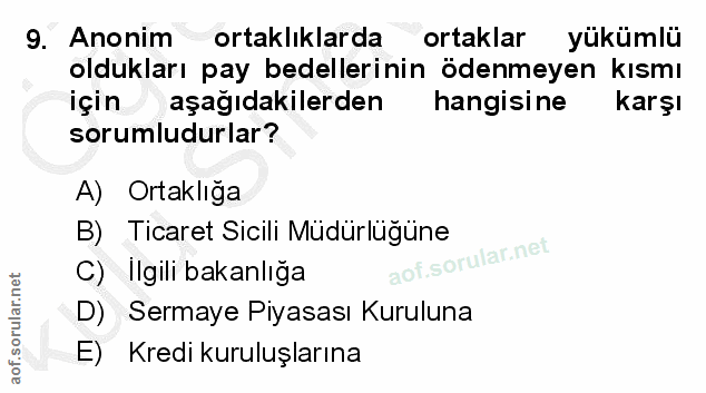 9. soru: Anonim ortaklıklarda ortaklar yükümlü oldukları pay bedellerinin ödenmeyen kısmı için aşağıdakilerden hangisine karşı…