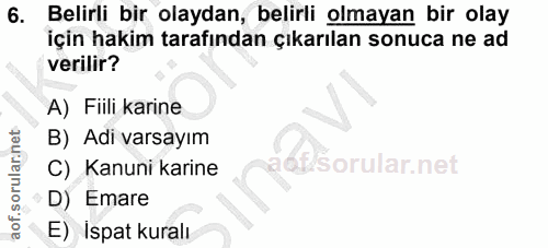 6. soru: Belirli bir olaydan, belirli olmayan bir olay için hakim tarafından çıkarılan sonuca ne ad verilir? A) Fiili karine B…