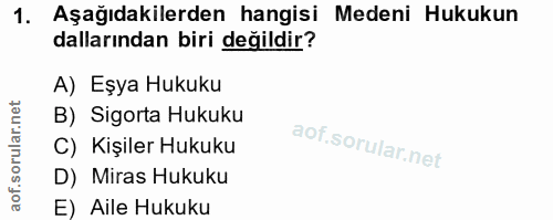 1. soru: Aşağıdakilerden hangisi Medeni Hukukun dallarından biri değildir? A) Eşya Hukuku B) Sigorta Hukuku C) Kişiler Hukuku…
