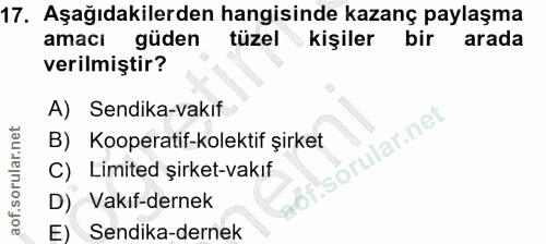 17. soru: Aşağıdakilerden hangisinde kazanç paylaşma amacı güden tüzel kişiler bir arada verilmiştir? A) Sendika-vakıf B) Koope…