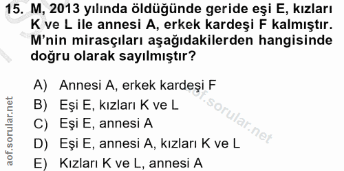 15. soru: M, 2013 yılında öldüğünde geride eşi E, kızları K ve L ile annesi A, erkek kardeşi F kalmıştır. M'nin mirasçıları aşa…
