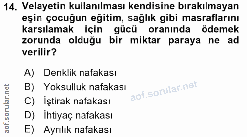 14. soru: Velayetin kullanılması kendisine bırakılmayan eşin çocuğun eğitim, sağlık gibi masraflarını karşılamak için gücü oran…