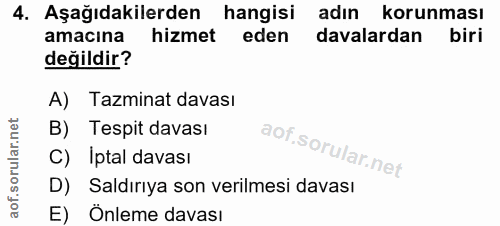 4. soru: Aşağıdakilerden hangisi adın korunması amacına hizmet eden davalardan biri değildir? A) Tazminat davası B) Tespit dav…