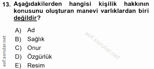 13. soru: Aşağıdakilerden hangisi kişilik hakkının konusunu oluşturan manevi varlıklardan biri değildir? A) Ad B) Sağlık C) Onu…