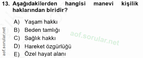 13. soru: Aşağıdakilerden hangisi manevi kişilik haklarından biridir? A) Yaşam hakkı B) Beden tamlığı C) Sağlık hakkı D) Hareke…