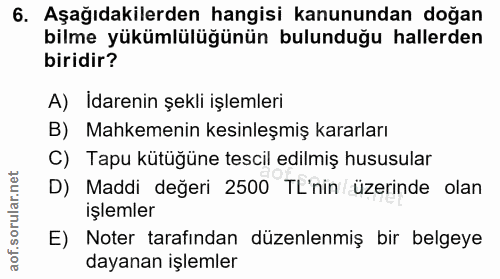 6. soru: Aşağıdakilerden hangisi kanunundan doğan bilme yükümlülüğünün bulunduğu hallerden biridir? A) Idarenin şekli işlemler…