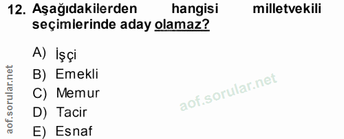 12. soru: Aşağıdakilerden hangisi milletvekili seçimlerinde aday olamaz? A) İşçi B) Emekli C) Memur D) Tacir E) Esnaf
