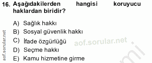 16. soru: Aşağıdakilerden hangisi koruyucu haklardan biridir? A) Sağlık hakkı B) Sosyal güvenlik hakkı C) İfade özgürlüğü D) Se…