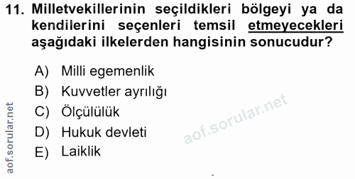 11. soru: Milletvekillerinin seçildikleri bölgeyi ya da kendilerini seçenleri temsil etmeyecekleri aşağıdaki ilkelerden hangisi…