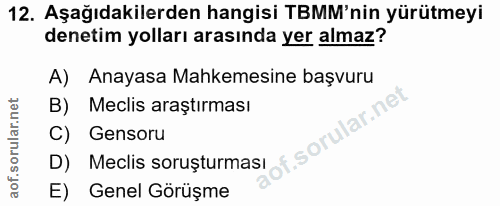 12. soru: Aşağıdakilerden hangisi TBMM'nin yürütmeyi denetim yolları arasında yer almaz? A) Anayasa Mahkemesine başvuru B) Mecl…