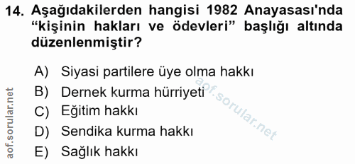14. soru: Aşağıdakilerden hangisi 1982 Anayasası'nda "kişinin hakları ve ödevleri" başlığı altında düzenlenmiştir? A) Siyasi pa…