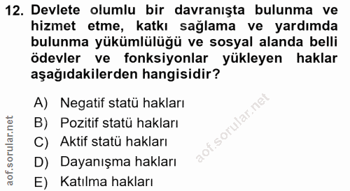 12. soru: Devlete olumlu bir davranışta bulunma ve hizmet etme, katkı sağlama ve yardımda bulunma yükümlülüğü ve sosyal alanda…