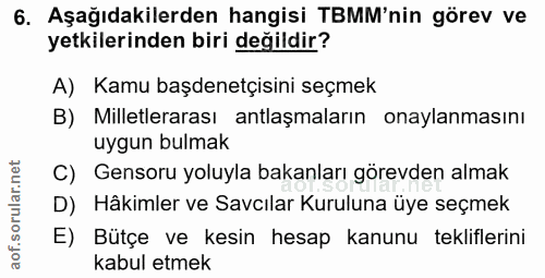 6. soru: Aşağıdakilerden hangisi TBMM'nin görev ve yetkilerinden biri değildir? A) Kamu başdenetçisini seçmek B) Milletleraras…