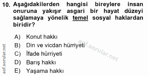 10. soru: Aşağıdakilerden hangisi bireylere insan onuruna yakışır asgari bir hayat düzeyi sağlamaya yönelik temel sosyal haklar…