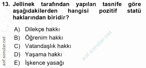 13. soru: Jellinek tarafından yapılan tasnife göre aşağıdakilerden hangisi pozitif statü haklarından biridir? A) Dilekçe hakkı…