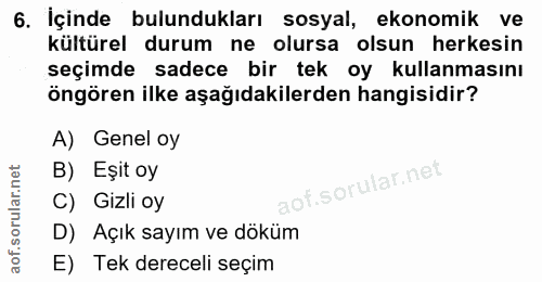 6. soru: İçinde bulundukları sosyal, ekonomik ve kültürel durum ne olursa olsun herkesin seçimde sadece bir tek oy kullanmasın…