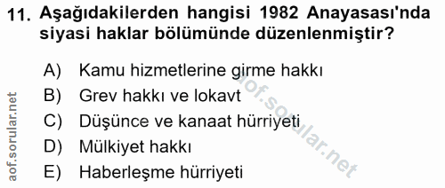11. soru: Aşağıdakilerden hangisi 1982 Anayasası'nda siyasi haklar bölümünde düzenlenmiştir? A) Kamu hizmetlerine girme hakkı B…