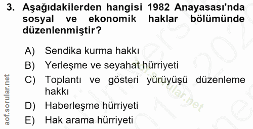 3. soru: Aşağıdakilerden hangisi 1982 Anayasası'nda sosyal ve ekonomik haklar bölümünde düzenlenmiştir? A) Sendika kurma hakkı…