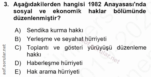3. soru: Aşağıdakilerden hangisi 1982 Anayasası'nda sosyal ve ekonomik haklar bölümünde düzenlenmiştir? A) Sendika kurma hakkı…