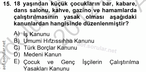 15. soru: 18 yaşından küçük çocukların bar, kabare, dans salonu, kahve, gazino ve hamamlarda çalıştırılmasının yasak olması aşa…