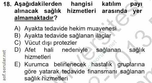 18. soru: Aşağıdakilerden hangisi katılım payı alınacak sağlık hizmetleri arasında yer almamaktadır? A) Ayakta tedavide hekim m…