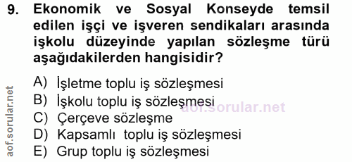 9. soru: Ekonomik ve Sosyal Konseyde temsil edilen işçi ve işveren sendikaları arasında işkolu düzeyinde yapılan sözleşme türü…
