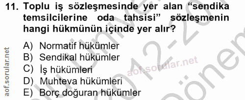 11. soru: Toplu iş sözleşmesinde yer alan "sendika temsilcilerine oda tahsisi" sözleşmenin hangi hükmünün içinde yer alır? A) N…
