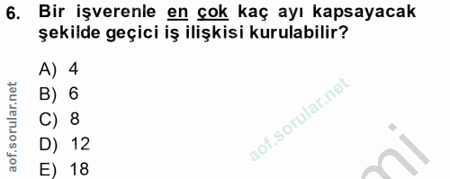 6. soru: Bir işverenle en çok kaç ayı kapsayacak şekilde geçici iş ilişkisi kurulabilir? A) 4 B) 6 C) 8 D) 12 E) 18
