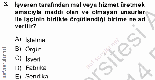 3. soru: İşveren tarafından mal veya hizmet üretmek amacıyla maddi olan ve olmayan unsurlar ile işçinin birlikte örgütlendiği…