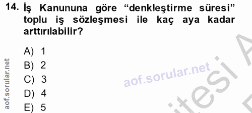 14. soru: Iş Kanununa göre "denkleştirme süresi" toplu iş sözleşmesi ile kaç aya kadar arttırilabilir? A) 1 B) 2 C) 3 D) 4 E) 5