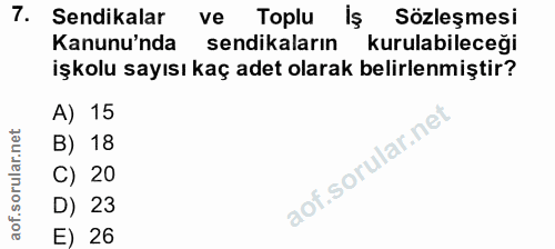 7. soru: Sendikalar ve Toplu Sözleşmesi Kanunu'nda sendikaların kurulabileceği işkolu sayısı kaç adet olarak belirlenmiştir? A…