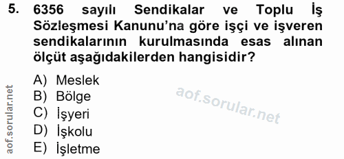 5. soru: 6356 sayılı Sendikalar ve Toplu İş Sözleşmesi Kanunu'na göre işçi ve işveren sendikalarının kurulmasında esas alınan…