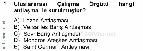 1. soru: Uluslararası Çalışma Örgütü hangi antlaşma ile kurulmuştur? A) Lozan Antlaşması B) Versailles Barış Antlaşması C) Sev…