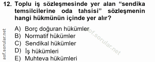 12. soru: Toplu iş sözleşmesinde yer alan "sendika temsilcilerine oda tahsisi" sözleşmenin hangi hükmünün içinde yer alır? B) N…